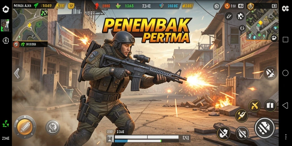 Tampilan gameplay yang memikat dalam 234E dengan suasana pertempuran FPS.