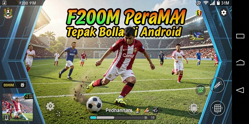 Screenshot utama F200M menampilkan aksi menegangkan di lapangan sepak bola.