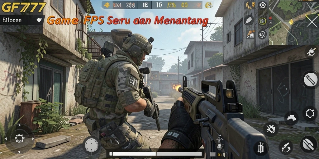 Screenshot utama GF777 menampilkan aksi pertempuran yang intens dalam gameplay FPS.