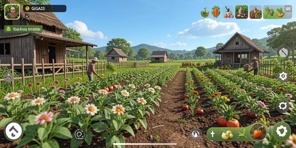 Tampilan gameplay GIGA33 yang menampilkan aktivitas bertani dan berkebun.