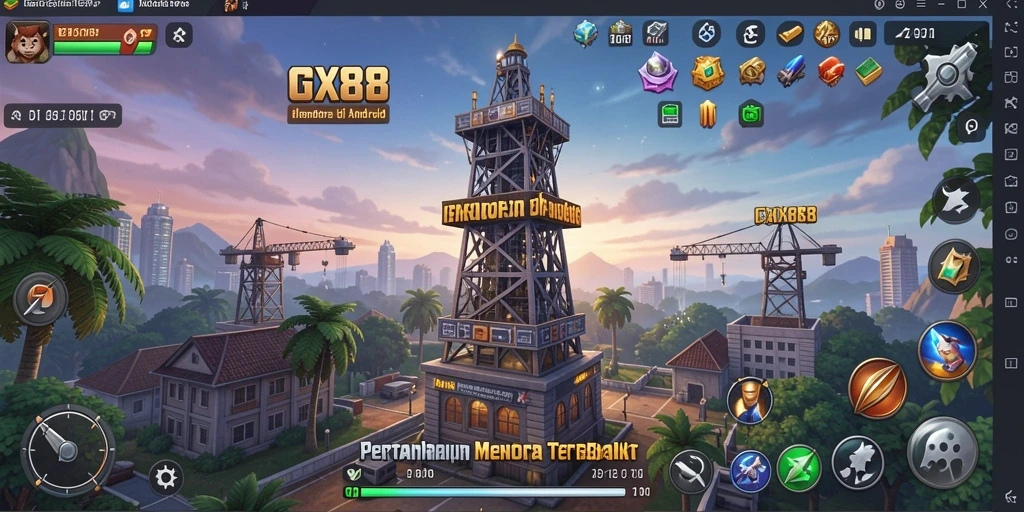 Screenshot gameplay GX88 menampilkan pertahanan menara yang strategis.