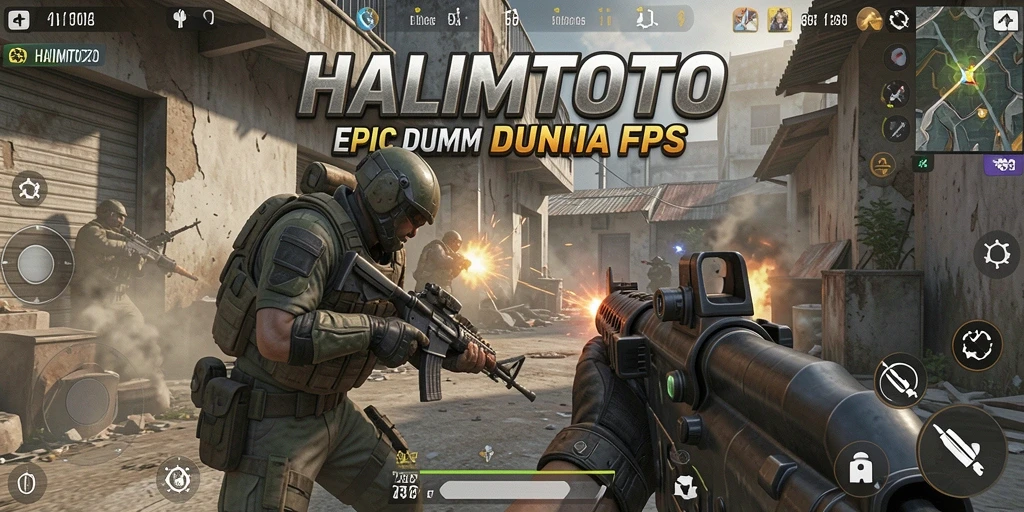 Screenshot utama HALIMTOTO menampilkan aksi pertempuran FPS yang mendebarkan.