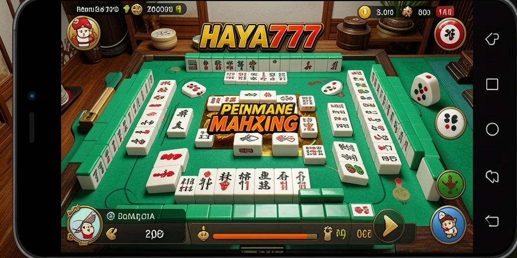 Tampilan gameplay HAYA777 dengan ubin Mahjong yang berwarna-warni.