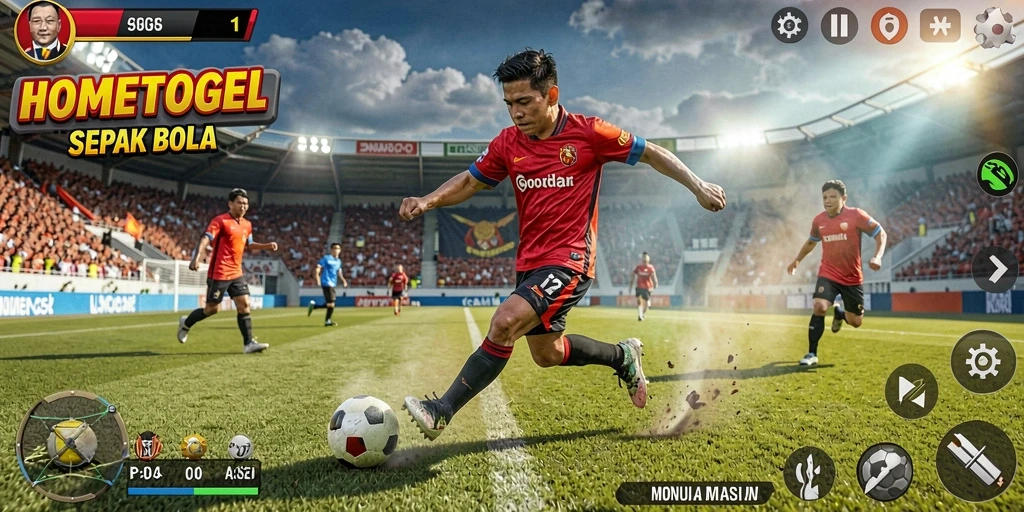Screenshot HOMETOGEL yang menunjukkan aksi permainan sepak bola yang seru.