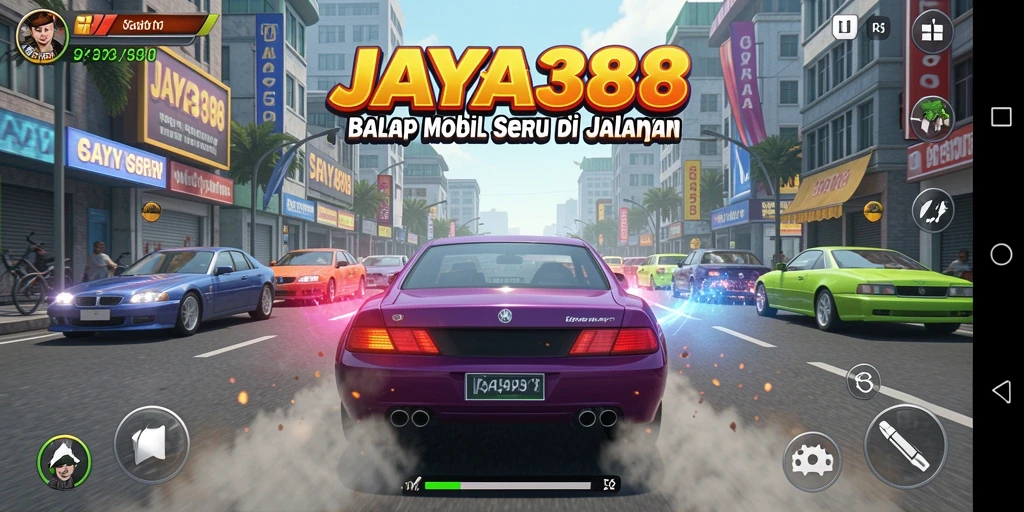 Tangkapan layar gameplay <strong>JAYA388</strong> yang menampilkan aksi balap seru di jalanan.