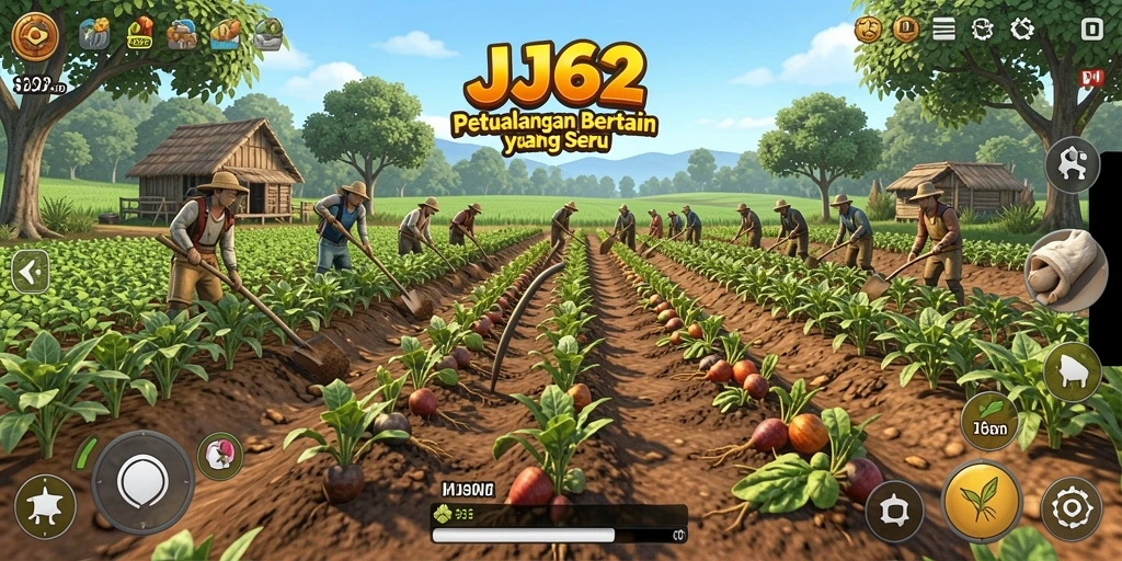 Screenshot utama JJ62 menampilkan pemain yang sedang bertani di kebun yang indah.