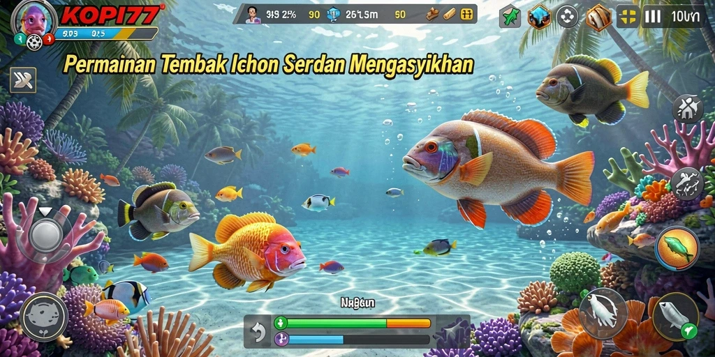 Screenshot gameplay KOPI77 menampilkan aksi menembak ikan yang seru.