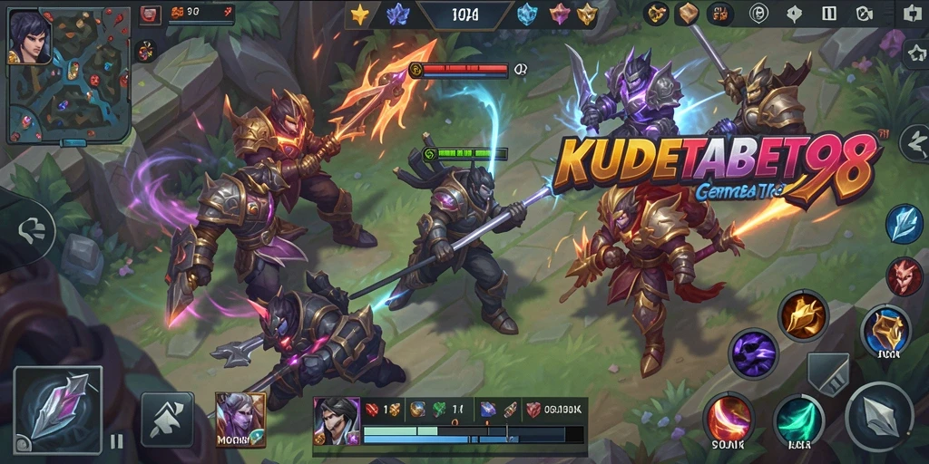Screenshot gameplay MOBA KUDETABET98 menampilkan pertempuran intens.