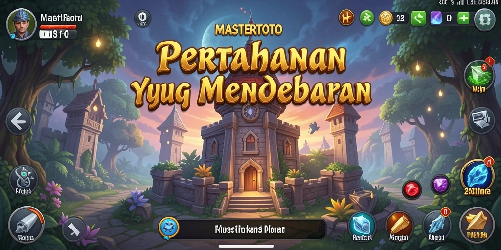 Screenshot gameplay <strong>MASTERTOTO</strong> menampilkan menara pertahanan yang siap melawan gelombang musuh.
