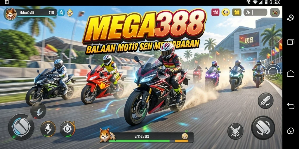 Tampilan gameplay seru di MEGA388 dengan berbagai motor balap.