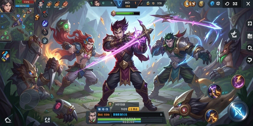 Tampilan gameplay menegangkan di MG108 dengan karakter MOBA yang menarik.