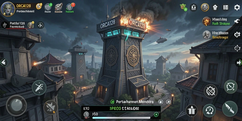 Tampilan gameplay ORCA128 yang menegangkan dalam pertahanan menara.