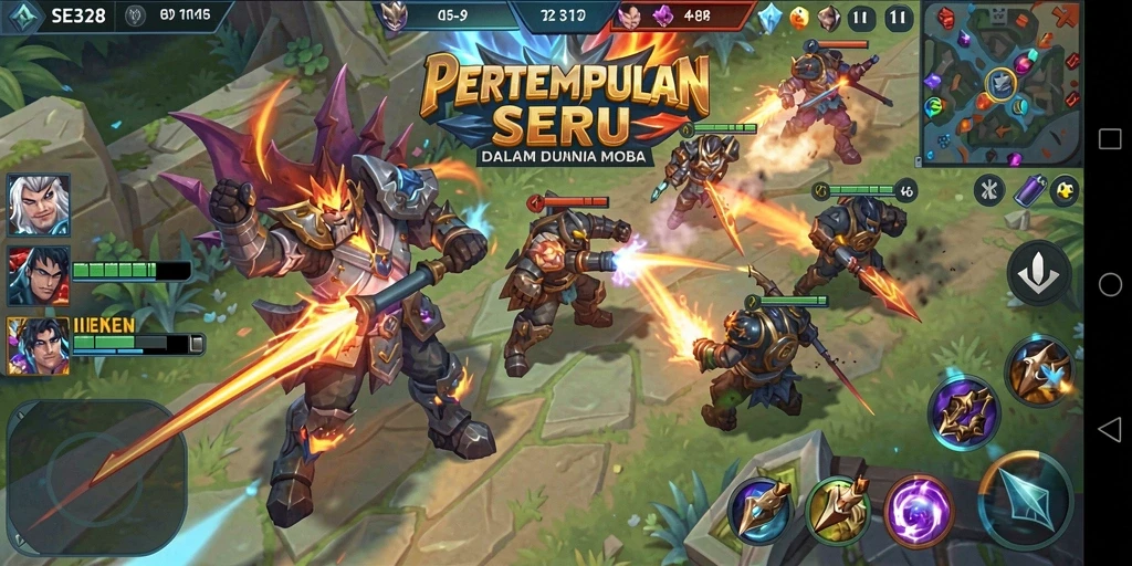 Gameplay seru dengan strategi tim di arena MOBA.