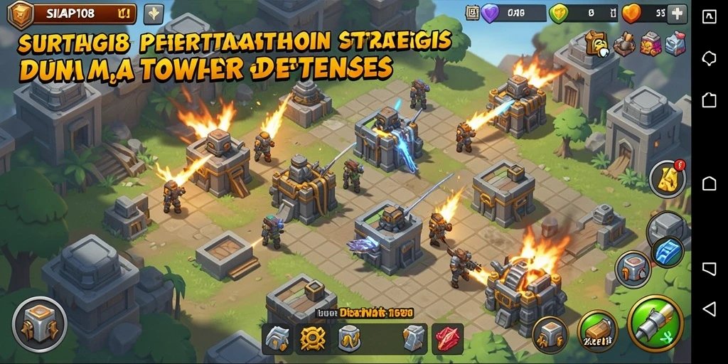Screenshot SIAP108 menunjukkan aksi pertahanan menara yang intens.