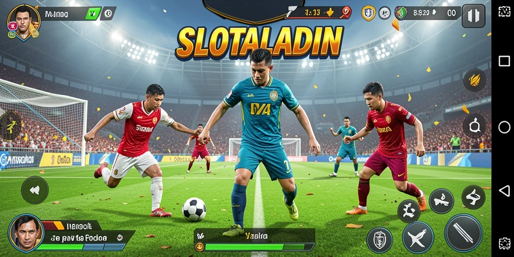 Screenshot SLOTALADIN menampilkan aksi permainan sepak bola yang intens.