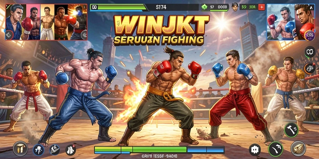 Screenshot gameplay WINJKT menampilkan pertarungan seru dan karakter yang dinamis.
